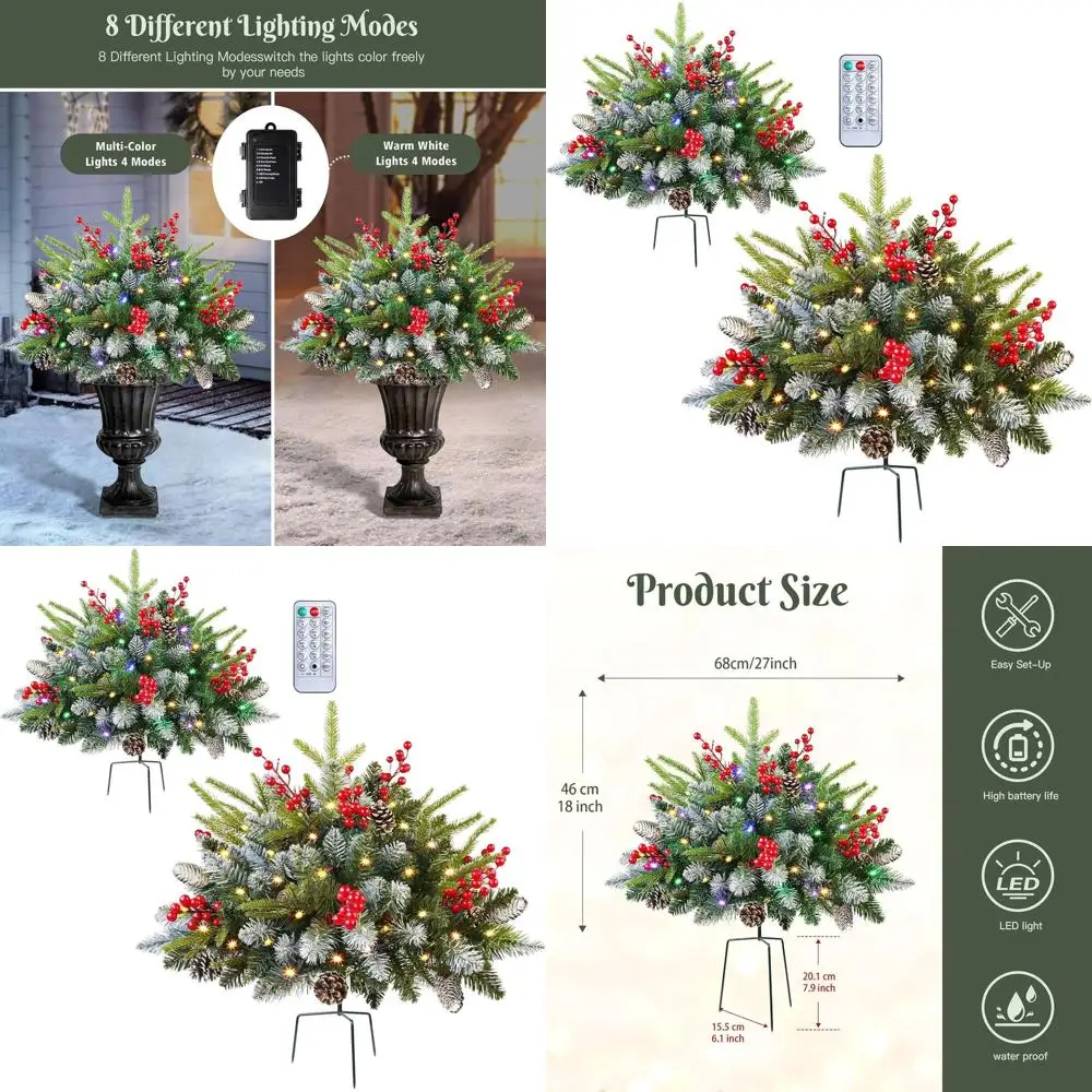 

Multi-Color Lighted Outdoor Christmas Tree with Remote, Timer, Battery Operated Pre-lit Frosted Urn Filler for Porch and Yard De
