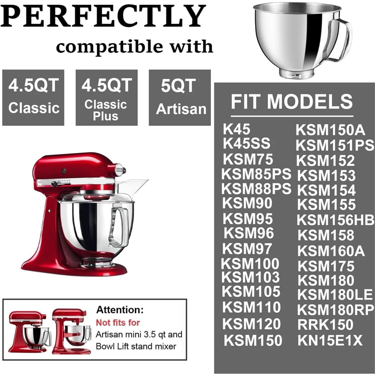 AUU-For 4.5-5QT Tilt- Stand Mixers Accessories Mixing Bowl with Handle+Dumping Protective Cover