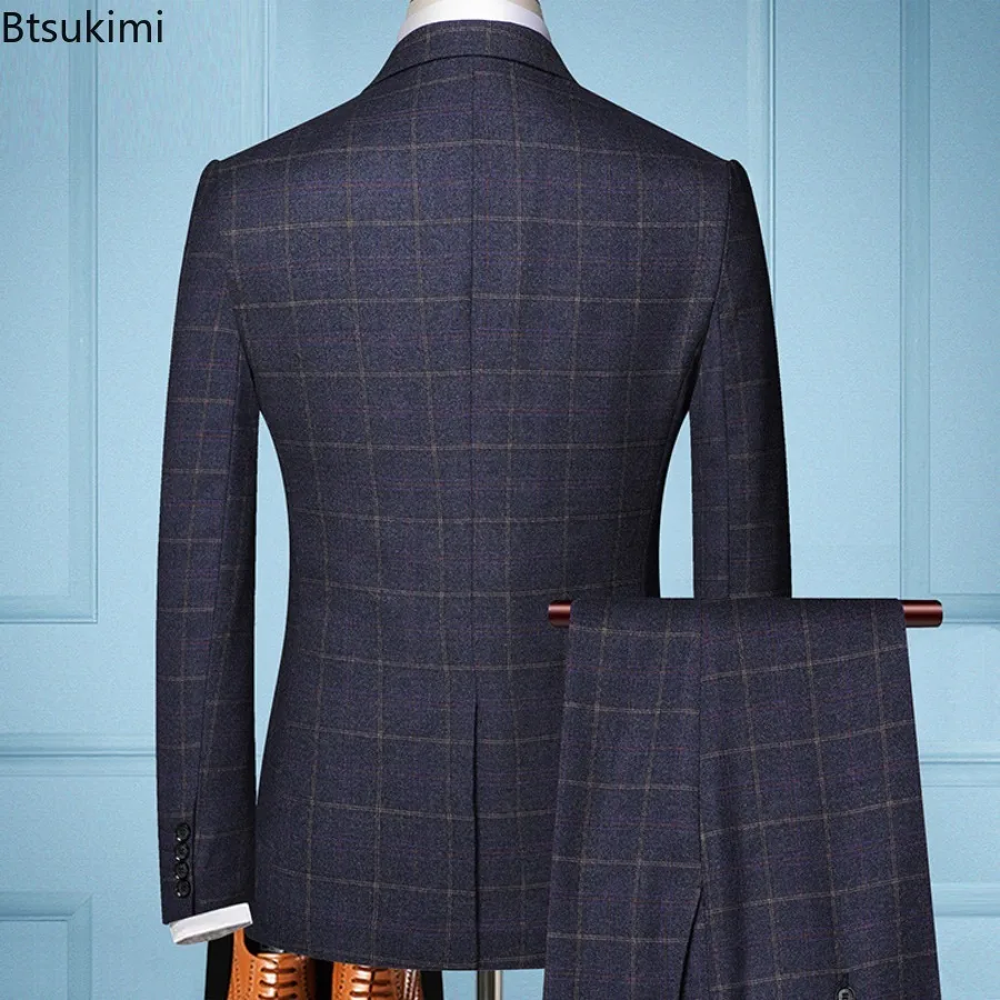 High Quality Men's Plaid Three-pieces Fashion Slim Business Party Formal Elegant Blazer Sets (Jacket+Pants+Vest) Prom Wedding