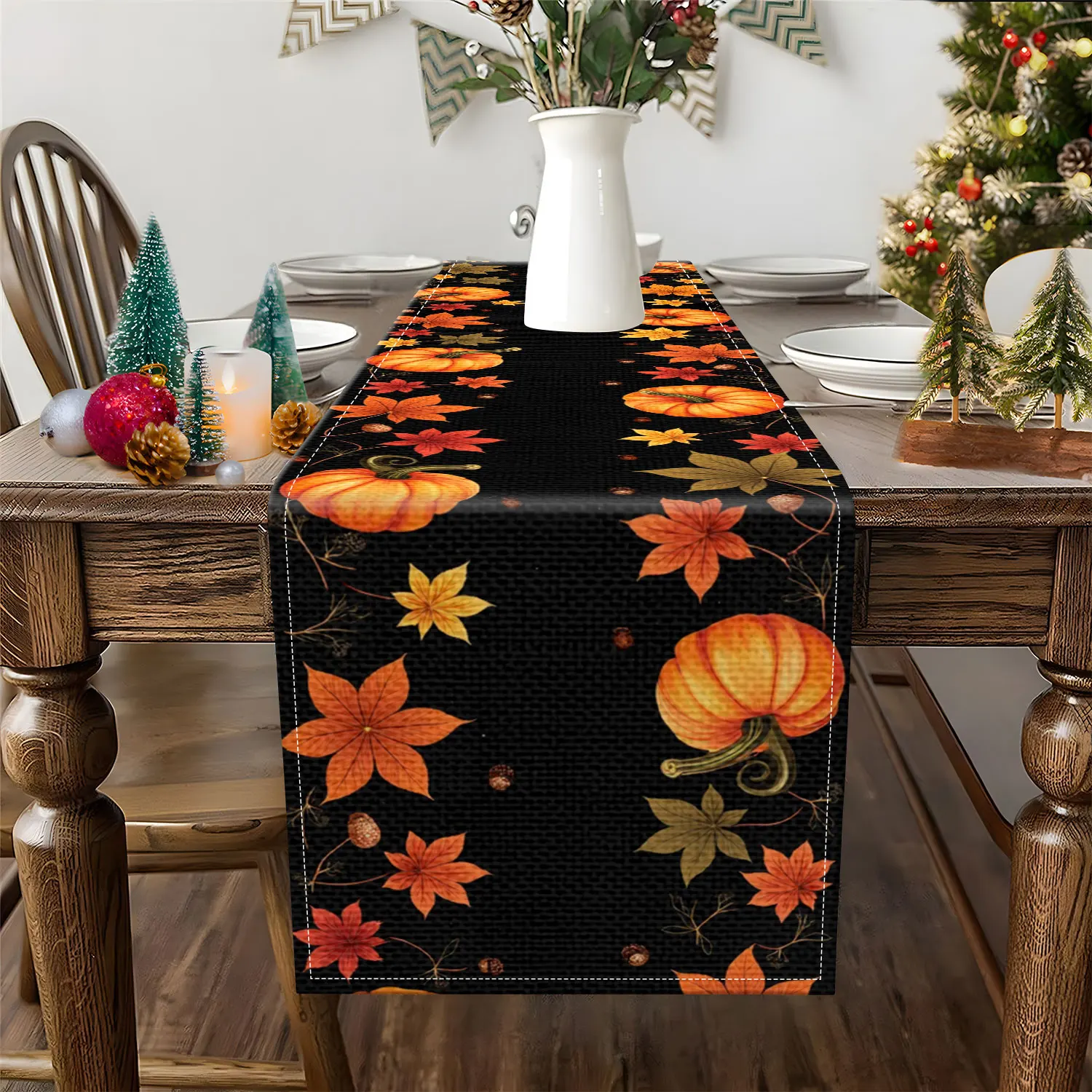 قطعة واحدة من مفرش طاولة بطابع الخريف مع أنماط مثل القرع وأوراق القيقب الحمراء، مناسبة لعشاء عيد الشكر وحفلات عائلية الخريف والمناسبات الأخرى #2