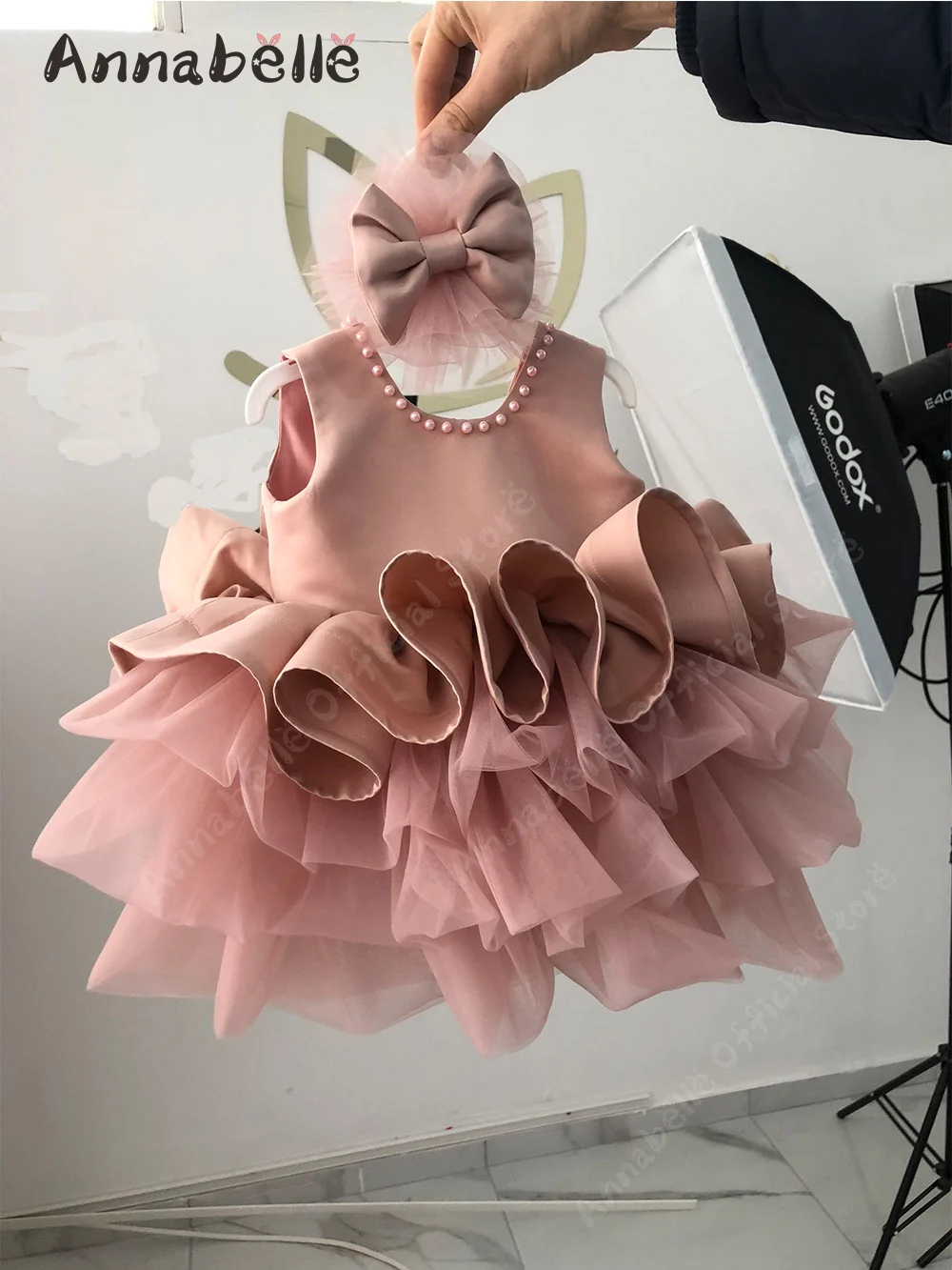 Annabelle Sleeveless Wedding Chic Pearls Bow Ceremony Flower Girl Junior Easter Spring Summer Girl Birthday Perfermance Custom