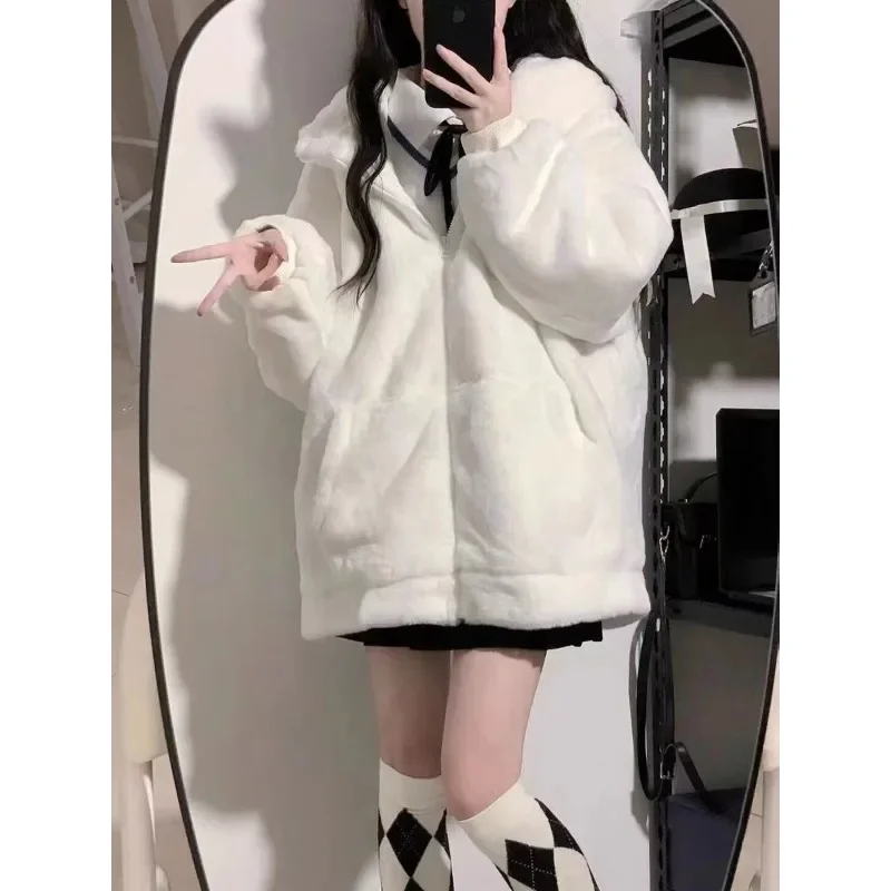 Women Zip Hoodie Thicken Fuzzy Fleece Sweatshirts Harajuku Bear Ear Oversize White Coats Cute Soft Winter Outerwear New