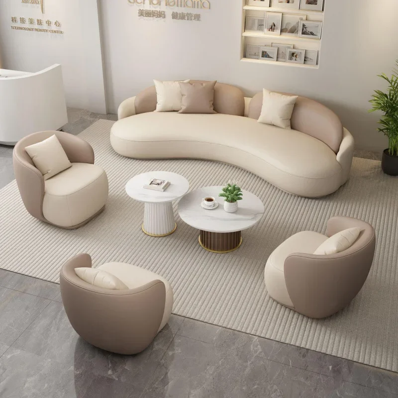 Beauty Salon Sofa Set Hotel Lobby Lounge Area Cat-proof Skin Light Luxury Curved Leather Art Sofa Coffee Table Combination