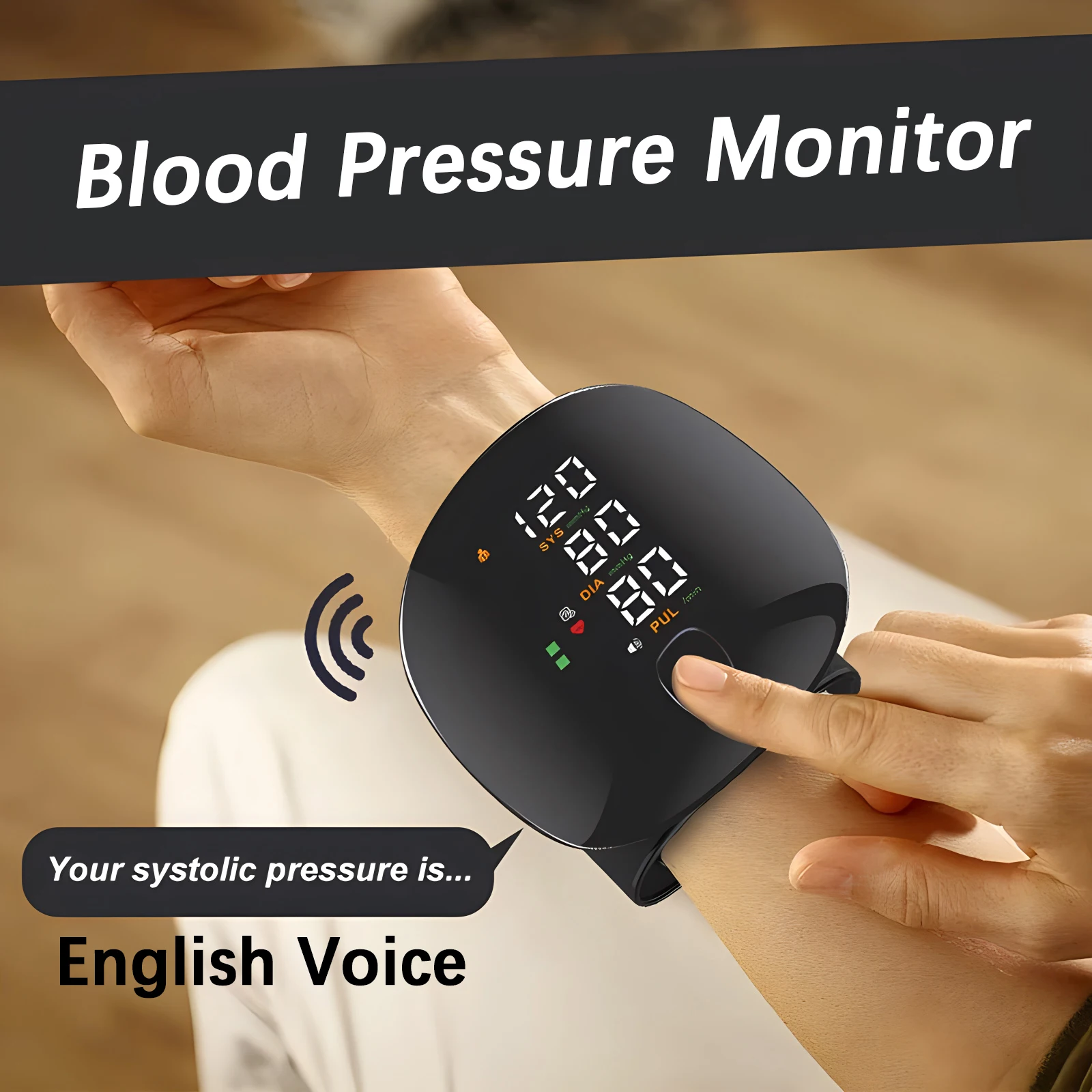 Monitor Digital de presión arterial de muñeca, esfigmomanómetro de voz en inglés, medidor de pulso y frecuencia cardíaca, tonómetro médico usb
