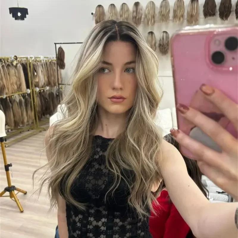 Pre Plucked Natural Hairline Blonde Balayage Wave Lace Wig Long Wavy Human Hair Wigs