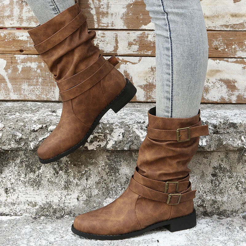 Women Platform Thick Heel Short Boots Autumn Winter Belt Buckle Decorated Cowboy Boots Wedge Sole Non-Slip Outdoor Boots Travel