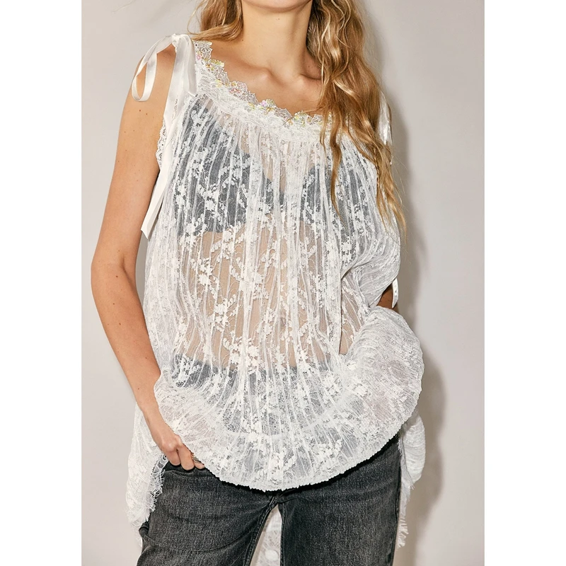 Women Summer Floral Lace See Through Mini Dress Boho Mesh Sheer Sleeveless Tie Shoulder Embroidery Scoop Neck Coverup