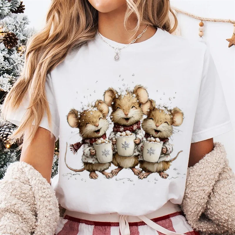 

Женская футболка с узором кофейной чашки «Три мыши», снежинки, универсальный стиль, милая женская футболка с круглым вырезом и принтом в стиле Харадзюку, подарок на Рождество