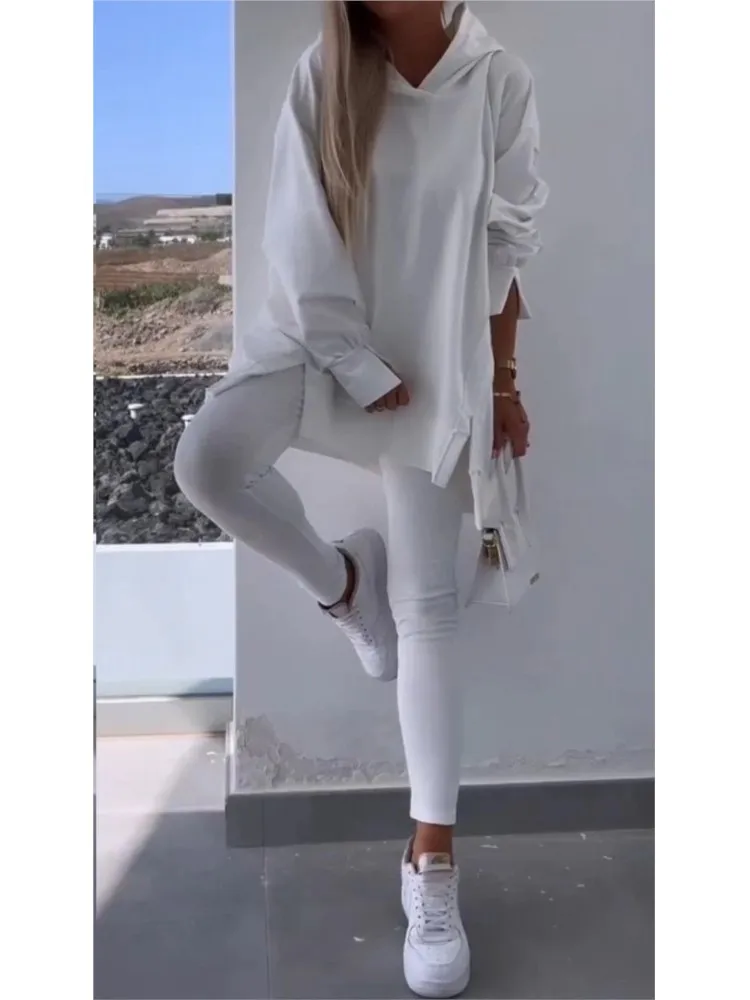 

Повседневный спортивный комплект, женская мода, свободная толстовка с капюшоном и длинными рукавами, комплекты из 2 предметов, тонкие брюки с высокой талией, наряды для женщин, осень, новинка