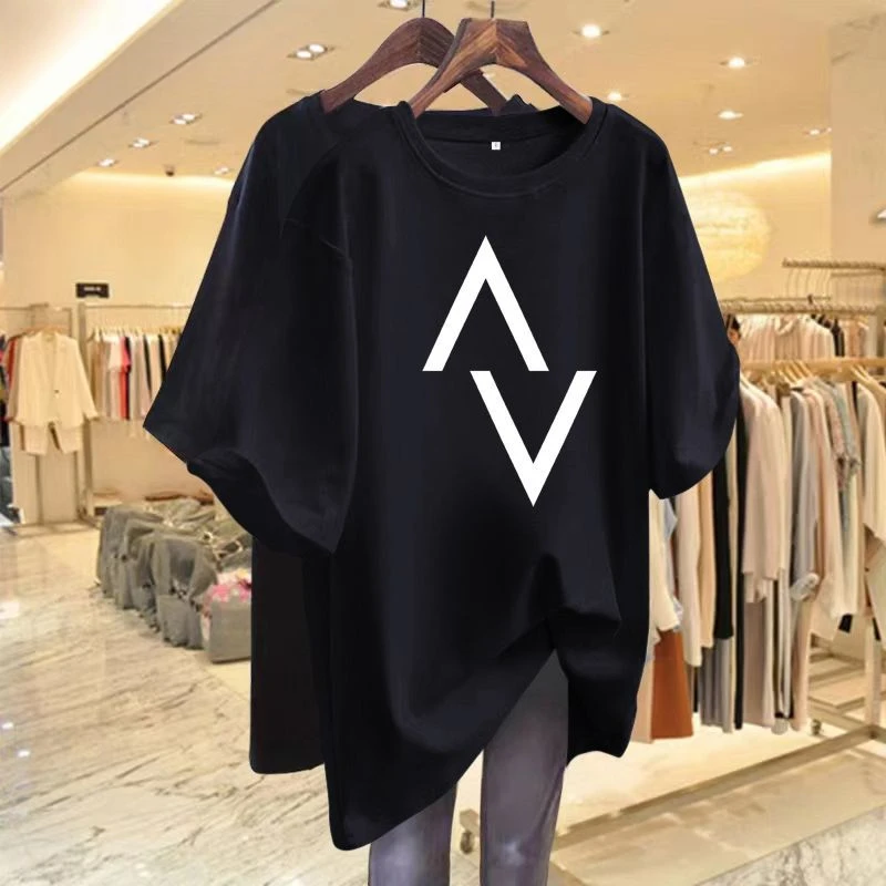 T-shirt da donna in cotone casual sciolto con elegante abbigliamento stampato a maniche corte, maglione di base Y2K 6XL, top girocollo estivo