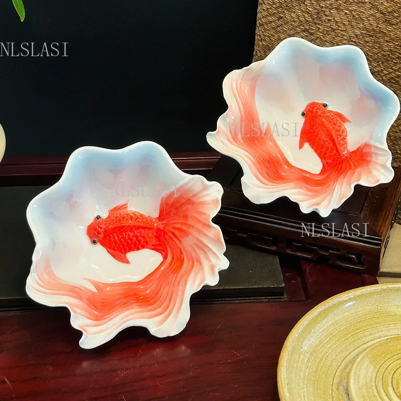 1pc 3D Koi Fish Ceramic Bowl with Wavy Rim Gradient Glaze Lotus Leaf Shaped Bowl Fruit Salad Bowl for Afternoon Tea Tableware