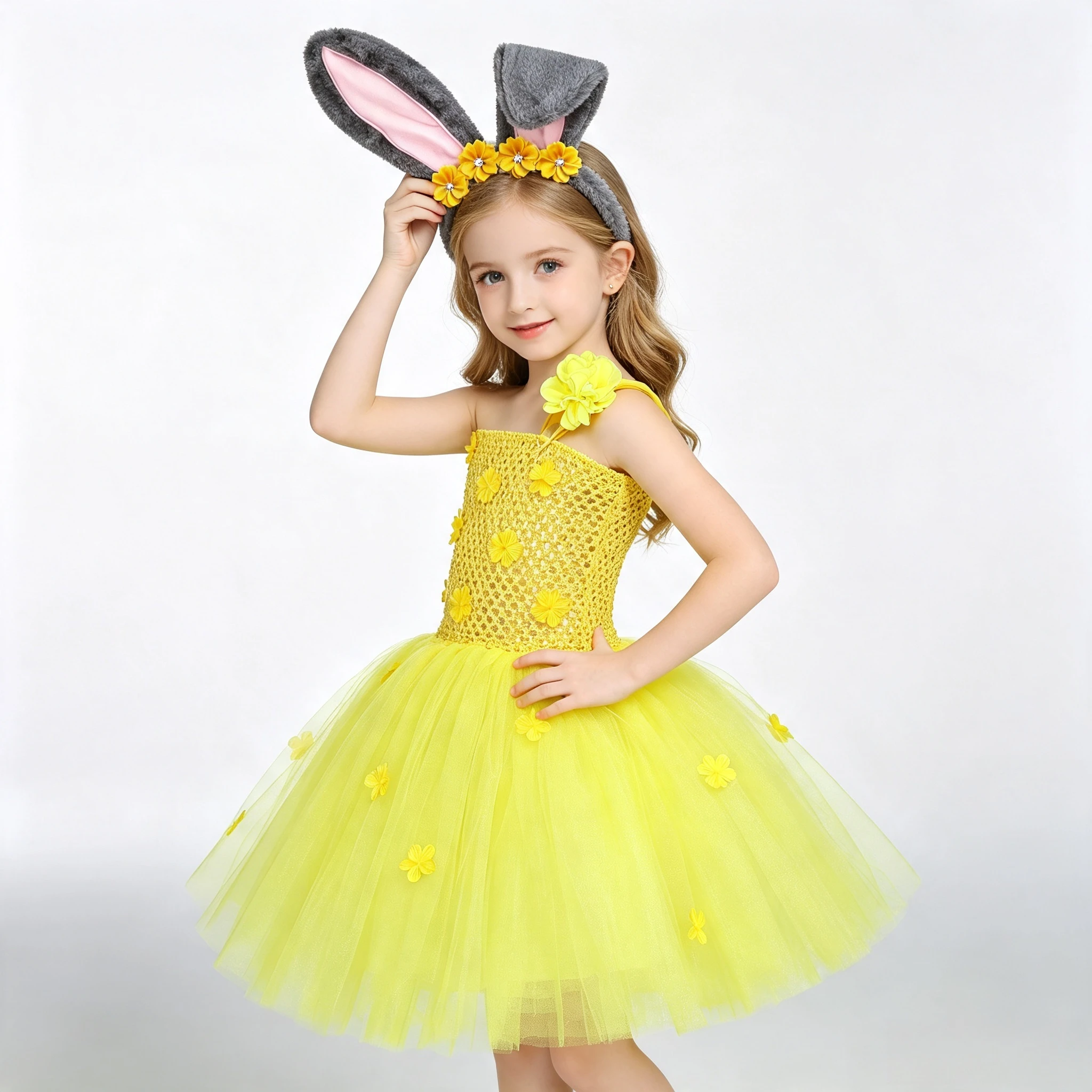 Halloween Girls Bunny Tulle Tutu Dress Set With Grey Ear Headband Toddler Kids Fluffy Mesh Dress Stage Performance Party Attire