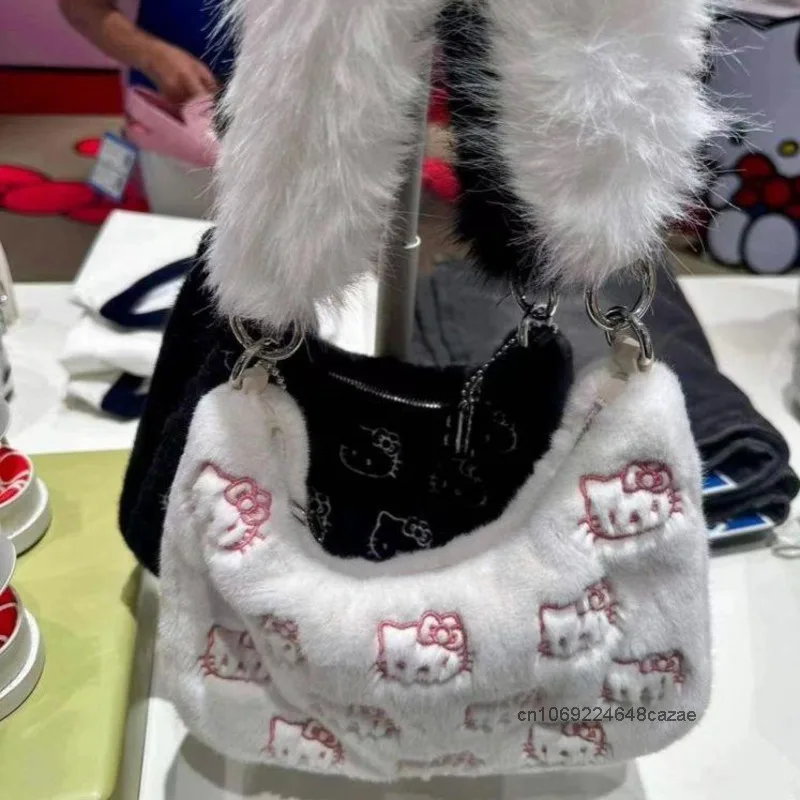 Sanrio Hello Kitty Plush Embroidered Shoulder Bag Korean Version Fashion Versatile Armpit Bag Y2k Cute Girl Casual Trend Handbag