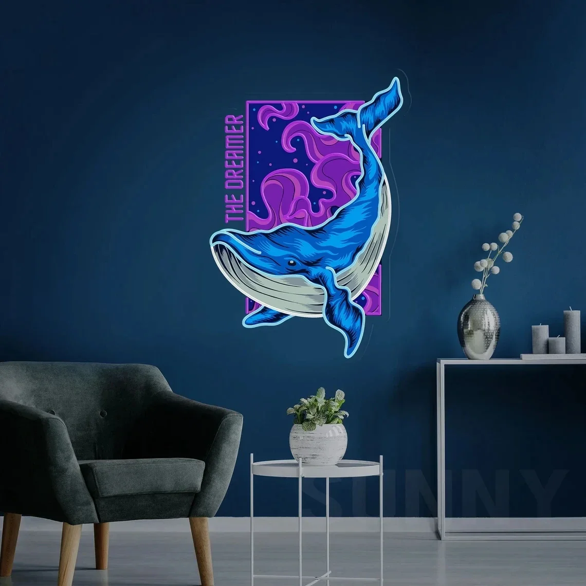 Whale Neon Sign Blue Whale Neon Light The Dreamer Wall Art Decor Uv Neon Signs for Room Wall  Party Decoration  Custom Baby