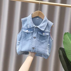 2024 Spring and Autumn Boys Fashion Embroidery Pan Button Lapel Button Pocket Denim Vest Coat Children's Clothing 1-8y