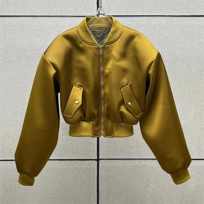 

Women's padded jacket 2025 Winter new zipper slim pilot jacket Satin glossy baseball collar women's coat cotton-padded jacket