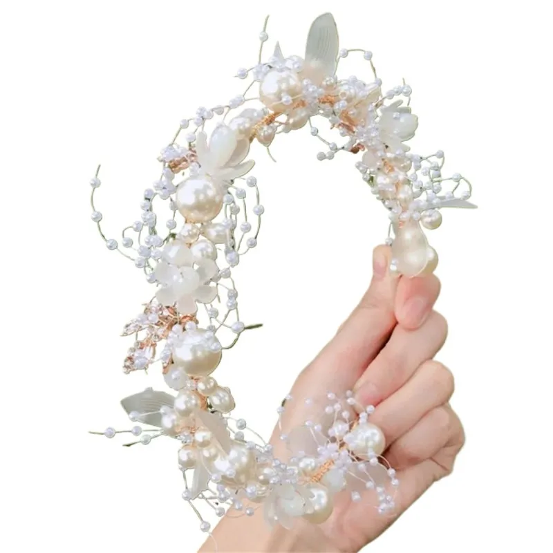 Bridal Crown Tiara Crystal Hair Jewelry with Pearls And Flowers Wedding Floral Headband Accessory for Brides