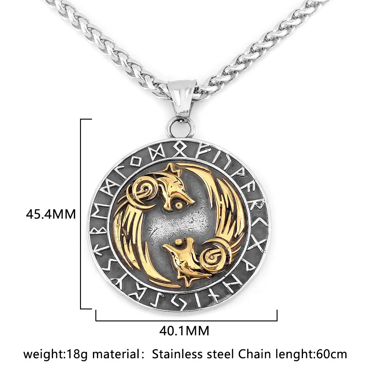 Vikings Stainless Steel Twin Wolves Mixed Gold Color Pendant Nordic Helmet of Awe Rune Amulet Necklace Gift for Boyfriend