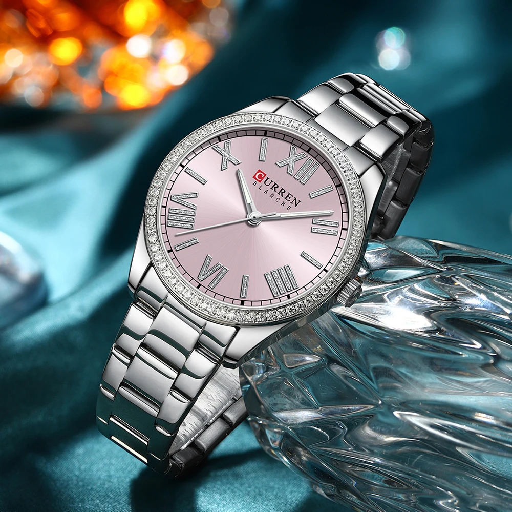 CURREN NEW Luxury Stainless Steel Wristwatches for Ladies Romantic Rose Pink with Rhinestones Roman Numeral Dial