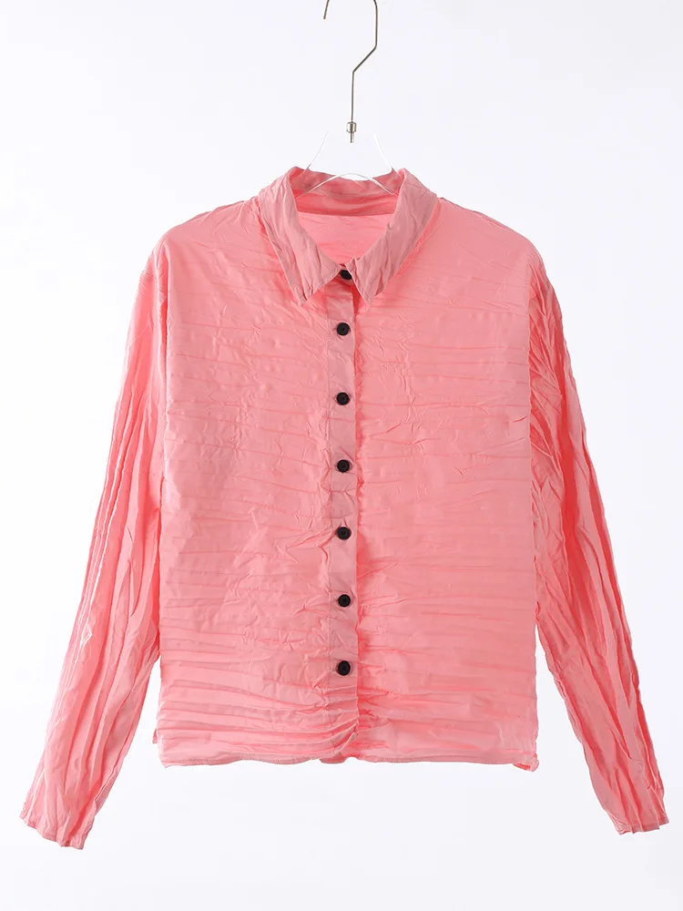 Yfpf miyake plissado camisa feminina moda lapela manga longa cor sólida único botão blusa versátil 2025 novas roupas 3a421