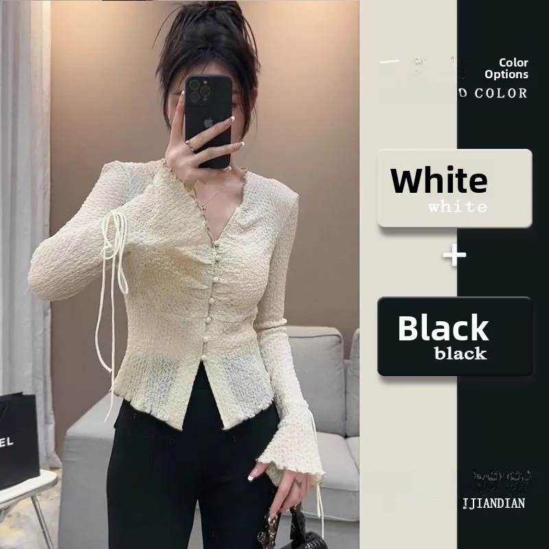 

Защита от солнца, женский irt, весенне-осенний облегающий топ с высокой талией, нерегулярный V Ne Bell Sve, анти-УФ-складной кружевной топ