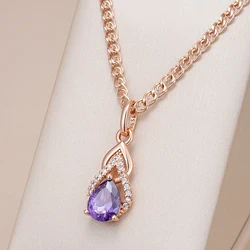 Kinel Sparkling Purple Water Drop Natural Zircon Pendant Necklace for Women 585 Rose Gold Color Vintage Party Fine Daily Jewelry