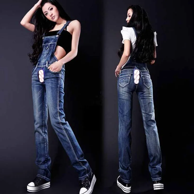 Invisible Open Crotch Outdoor Sex Boyfriend Jeans Suspender Pants Women's Retro Denim One Piece Outfit Women Overalls Jumpsuits