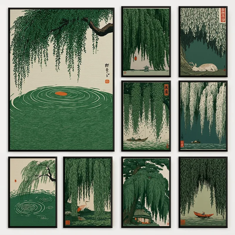 Japanese Green Pine Tree and Animal Poster Vintage Traditional Landscape Zen Canvas Painting Wall Art for Living Room Home Decor