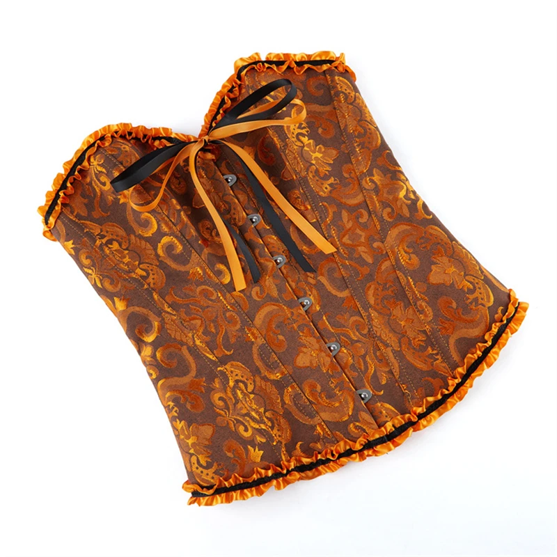 المرأة كورسيه فوقي للنساء بوستير توب القوطية البرتقال الجاكار الدانتيل متابعة المشدية خمر الفيكتوري Korsett الملابس الداخلية مثير الباسك #5