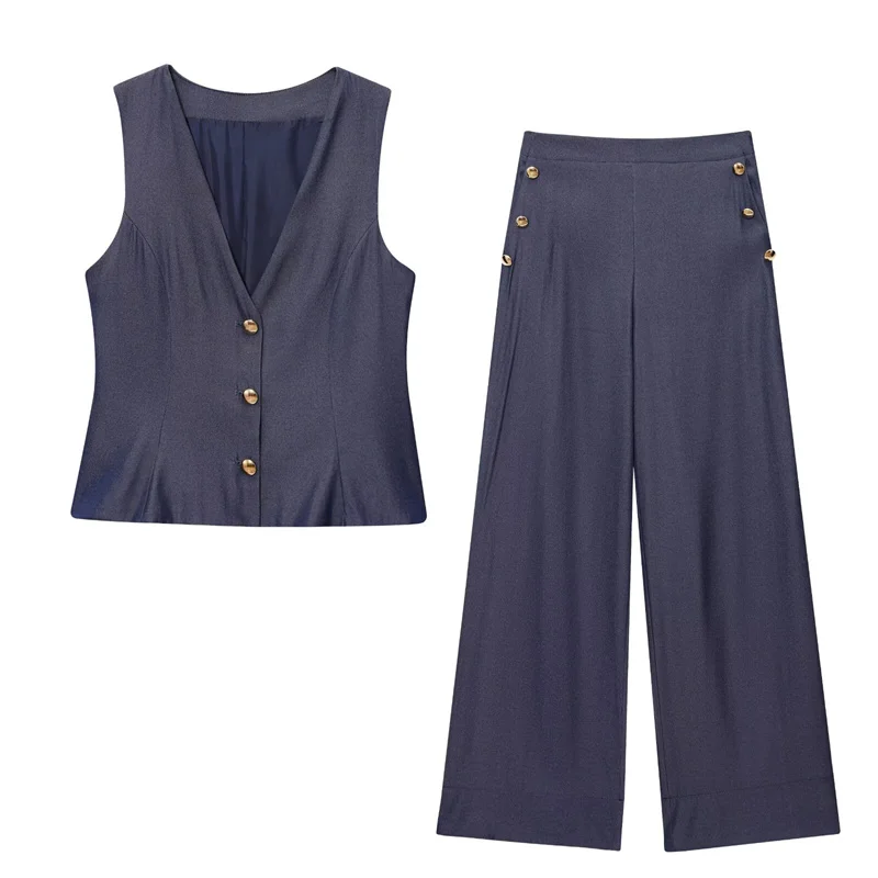 

Women's Suit Summer 2025 New Navy Blue Sleeveless Vest Trousers Set Button Decoration Casual Commute Stylish Personality