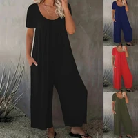 Mamelucos de verano de talla grande 0XL-5XL, mono de Color sólido para mujer con bolsillos, monos informales de manga corta a la moda
