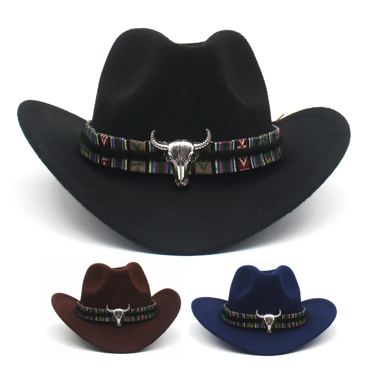 Classic Western Cowboy Black Hats For Men Bull Decor Jazz Women Country Hat Ethnic Style Retro Knight Felt Hats Travel Fedoras