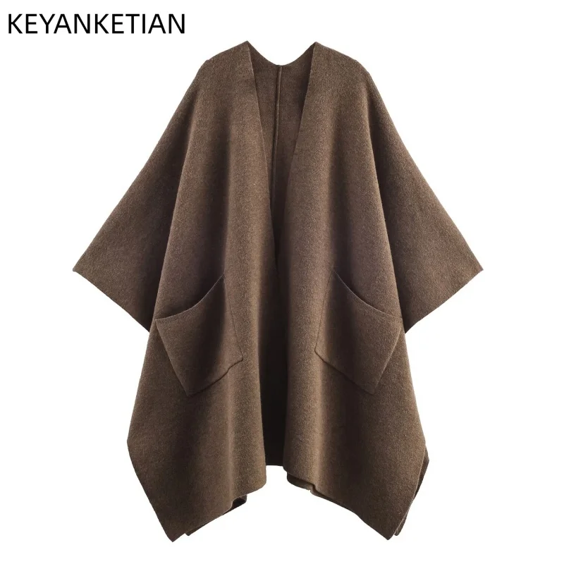 

KEYANKETIAN 2022, осенне-зимнее новое женское вязаное пальто-накидка с рукавами «летучая мышь», простой стиль, вязаный кардиган средней длины с двойными карманами
