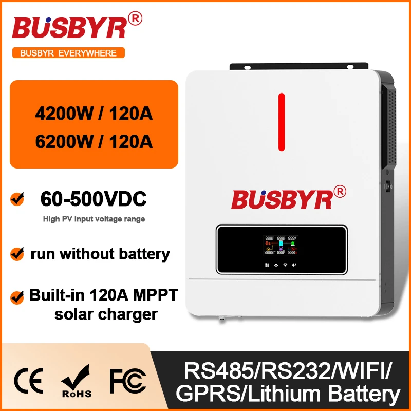 

BUSBYR 6.2KW 4.2KW Off-Grid&On-grid Inverter 48V 24V to 230VAC MPPT 120A 140A Output Low Start PV 60VDC Pure Sine Wave Inverter