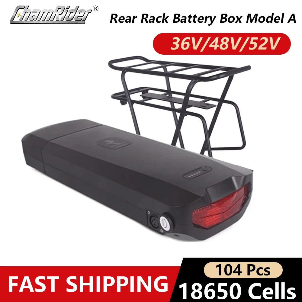 

ChamRider Rear Rack Box Electric Bike Battery, 48V Ebike Battery Case 36V Double Layer,Luggage Rack,5V,USB,10S10P, 13S9P, 14S8P