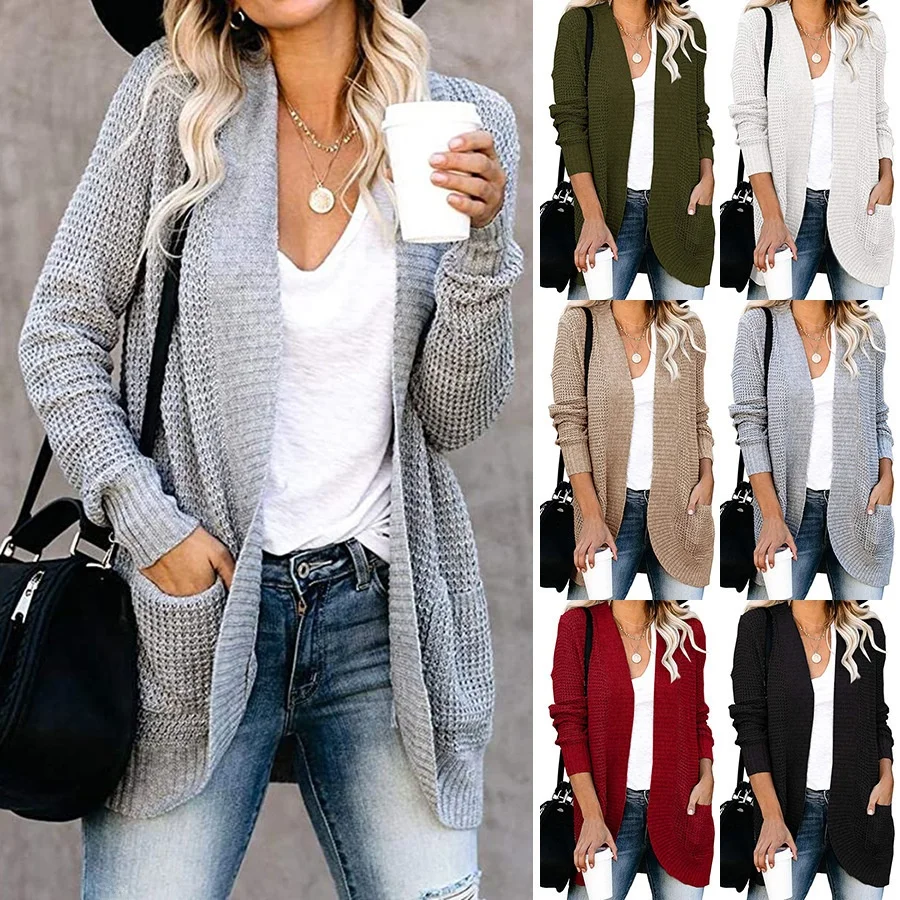 

Autumn Winter New Women's Sweater Cardigan Sweet Sle Long Sve Loose Fit Mixed Fabric Color Knittedwear