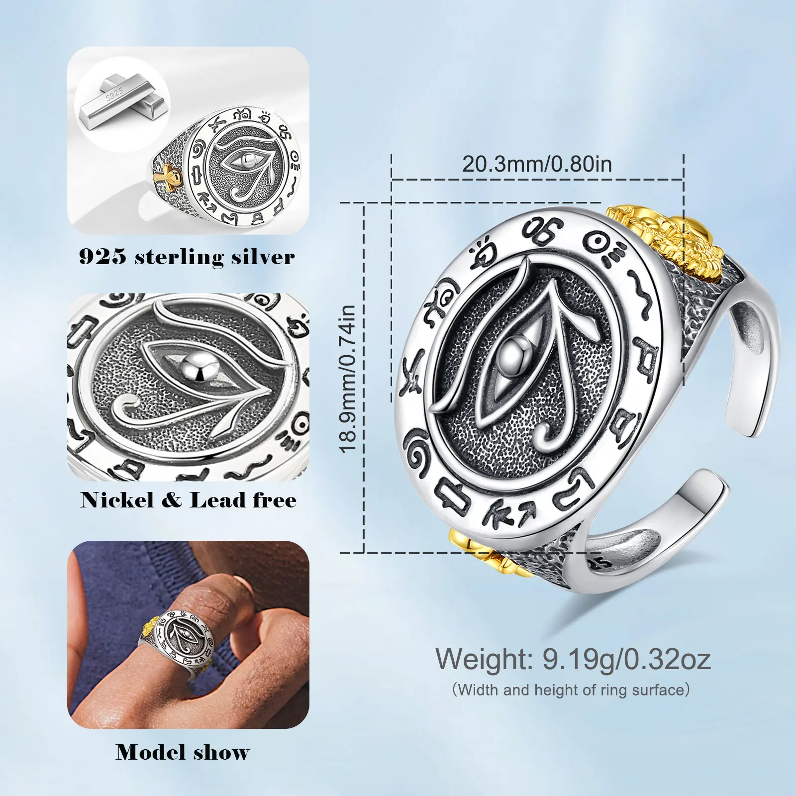 Eudora 925 Sterling Silver Evil Eye Adjustable Ring for Man Women Vintage Runes Ankh Cross Amulet Ring Egyptian Jewelry Gift