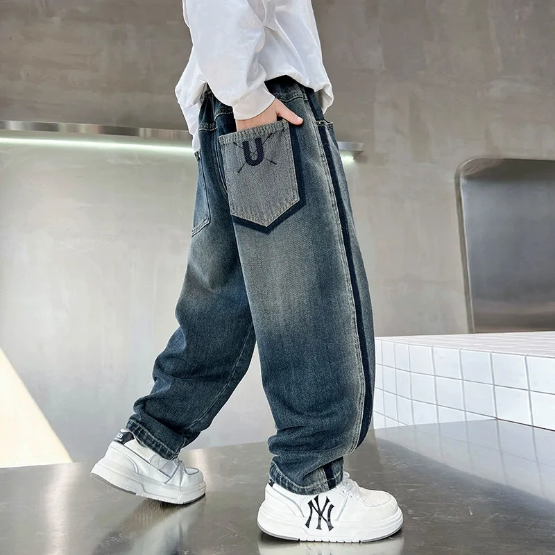 

Boys Jeans Dark Blue Teenage Spring Autumn Loose Straight Pants Fashion Trousers Soft Casual Denim for Kids Boy Clothing