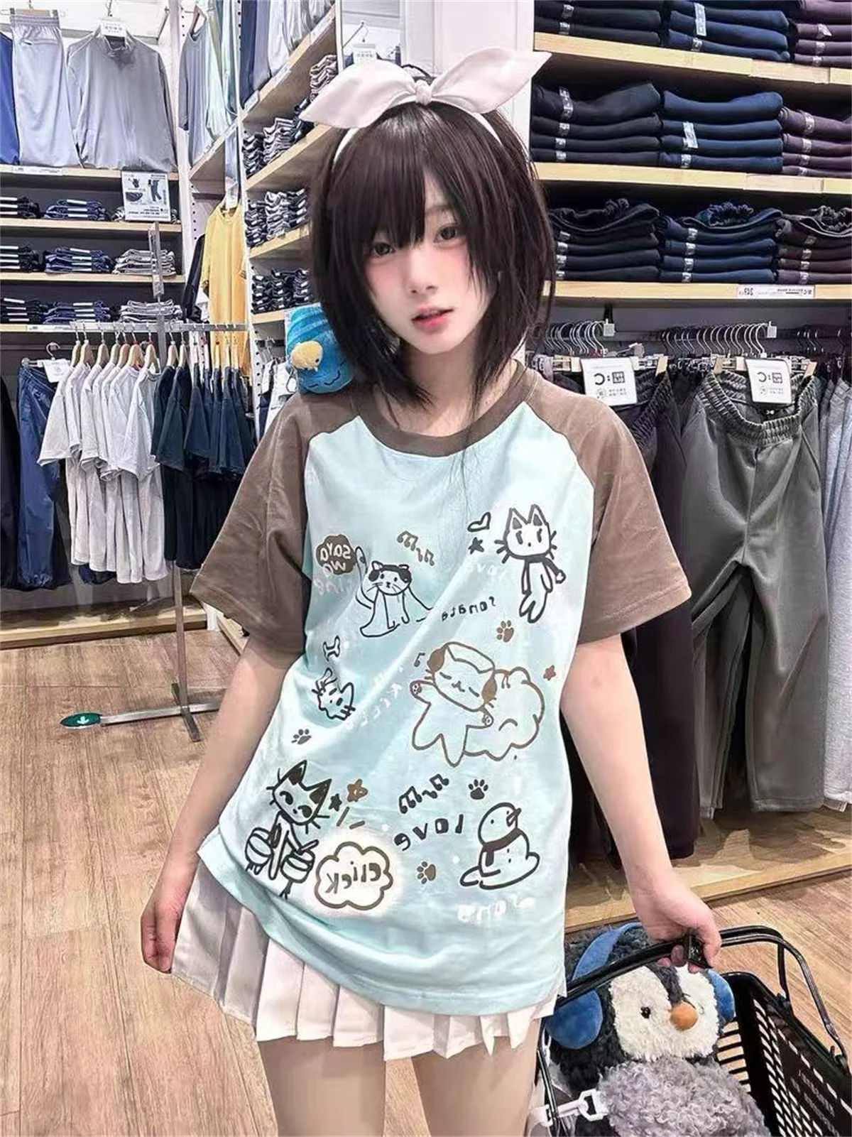 Japanese T Shirts Women Clothing Sweet Contrast Color Summer Tees Casual Fashion Camisetas Anime Print Cute Oversized Tshirt