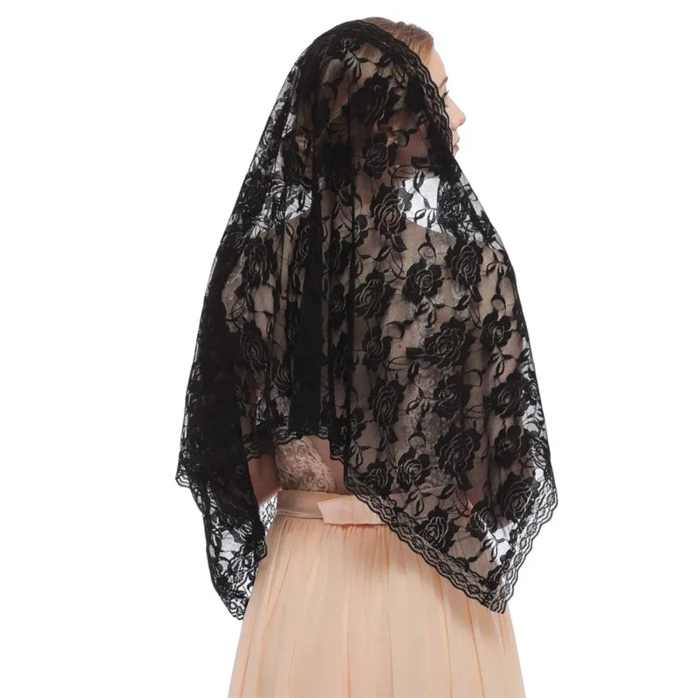 

Temperament Elegant Veil Prayer Shawl Breathable Lace Trim Bride Head Gauze Spanish Style Soft Wedding Lace Shawl Church