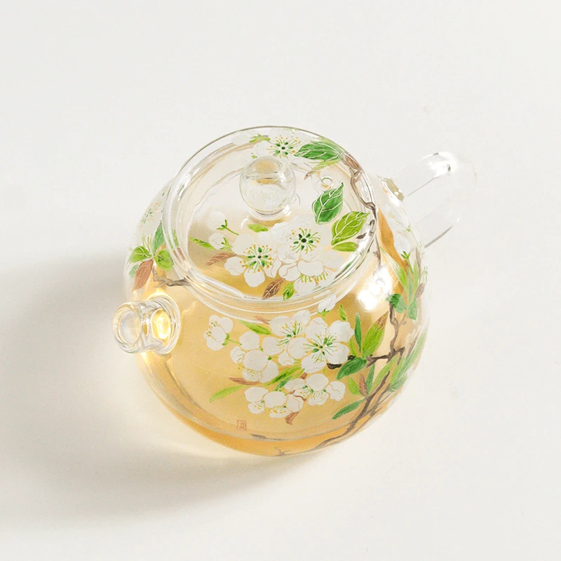 

Hand painted pear flower swallow glass teapot teacup, heat-resistant glass tea set