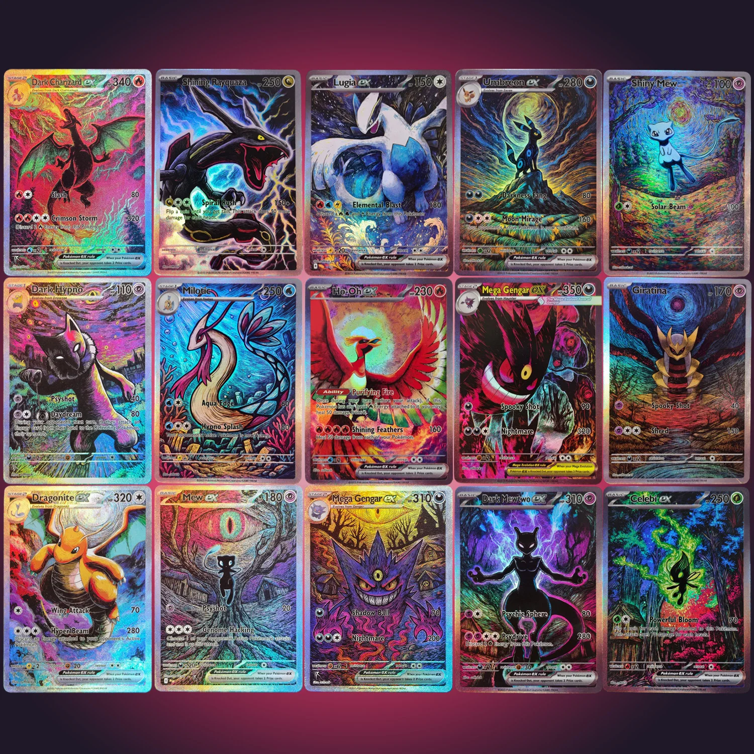 

Self Made TCG English Dark Style Rayquaza Milotic Giratina Mew Lugia Ho-Oh Celebi Mewtwo Umbreon Gengar Game Card Toy