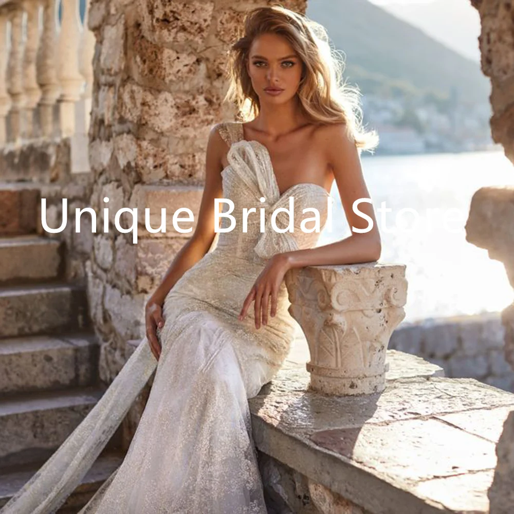 Customized UETEEY 2022 Shiny Mermaid Wedding Dresses Draped Lace Zipper With Cape Vestidos De Novia One-Shoulder Gorgeous Brida