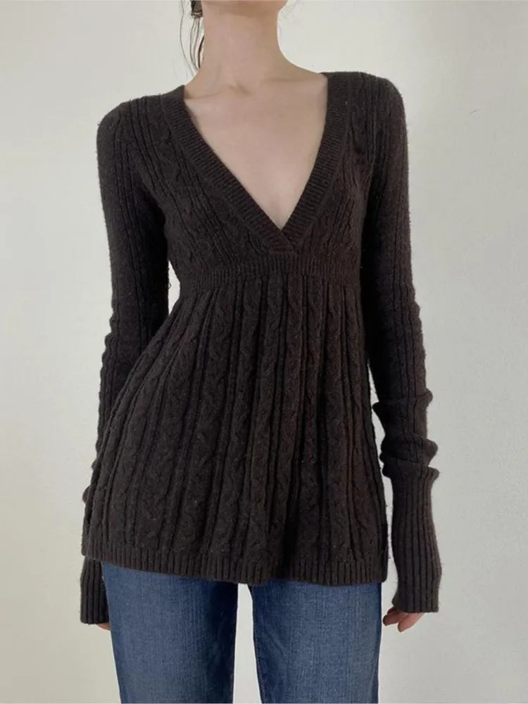 

V-neck Knitted Slim Sweater Women Autumn Fashion Long Sleeve Jumper T-shirt Sweet Cute Preppy Style Brown Sweaters Y2K Tops