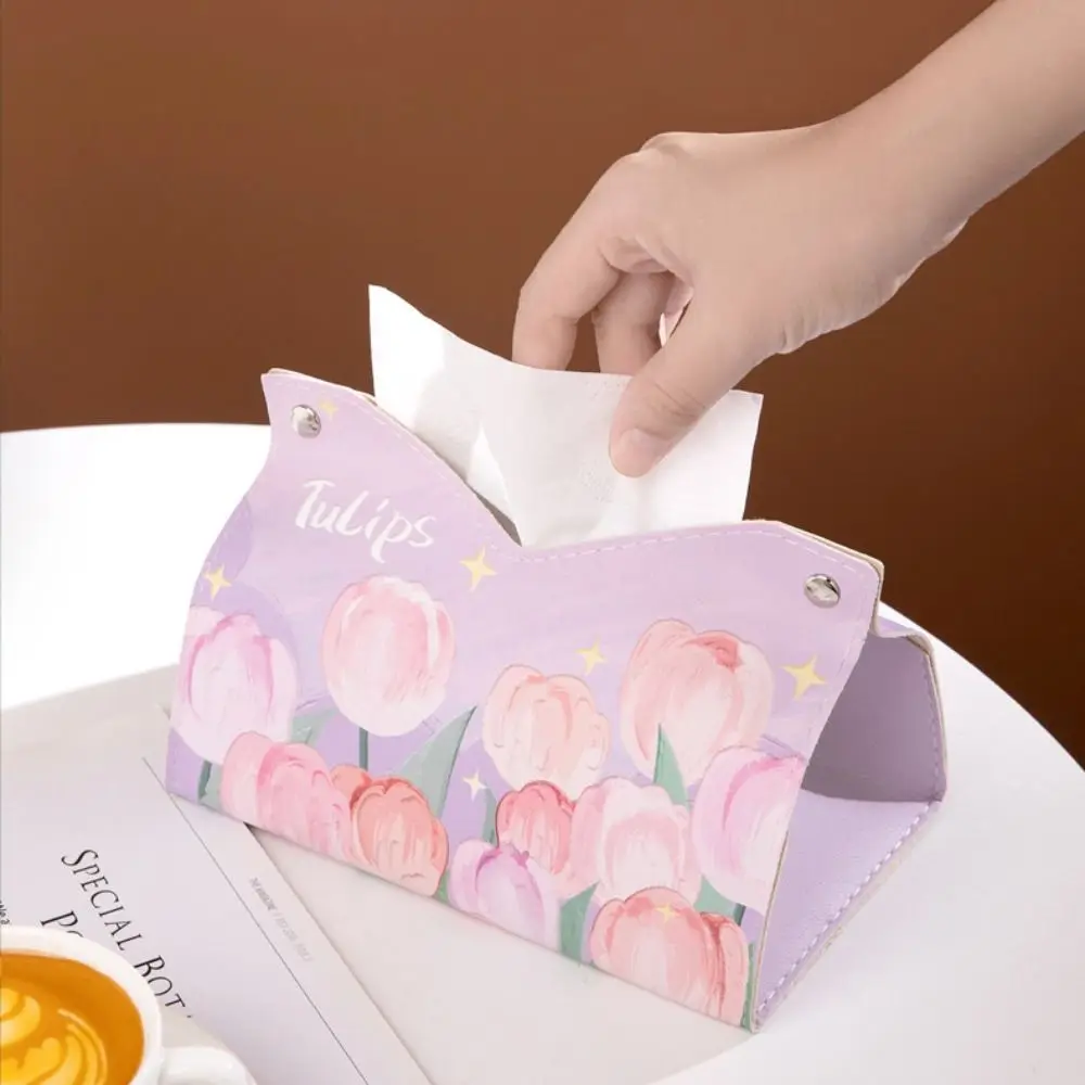 Oil Painting Tissue Case High Quality Smooth Leather Napkin Holder Large Storage with Buttons Paper Towel Box Home Table Decor