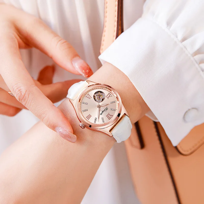 Automatic Women\'s Mechanical Watches Stainless Steel Material Rose Gold Casual Style Love Tag Girl Watch Purple Leather Strap