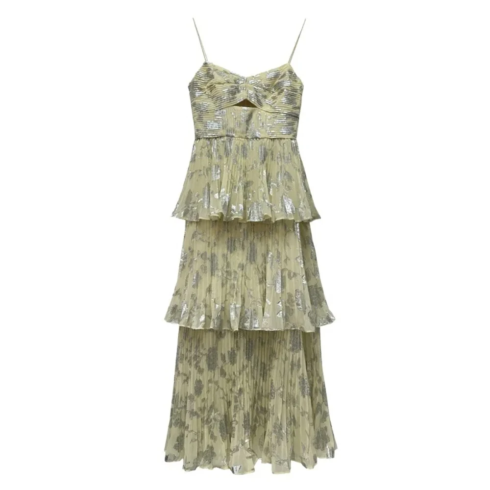 EVACANDIS New Women's Midi Dress Spring/Summer Sexy Charming Light Yellow Chiffon Pleated Cake Dress Golden Plated Long Strap