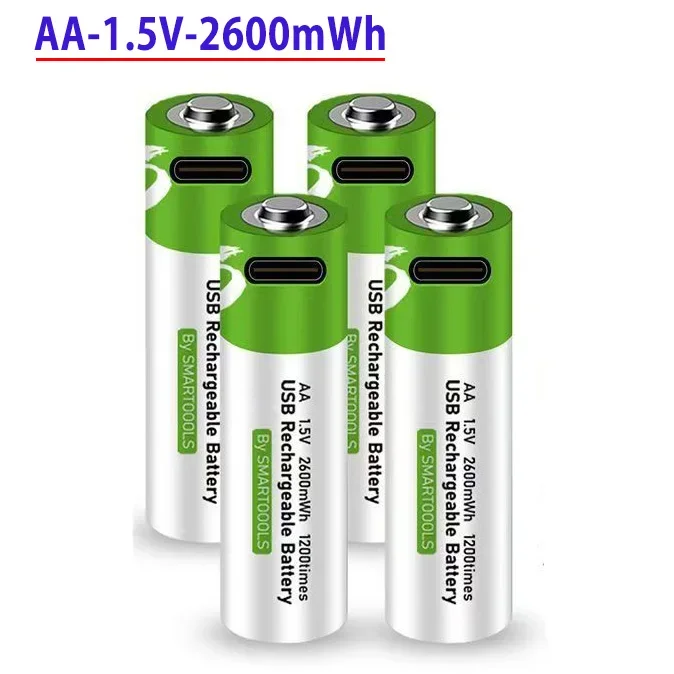 Bateria de lítio recarregável AA com interface TYPE-C 1.5V2600mWh, usada para controle remoto de carros de brinquedo. Microfone. Porta USB