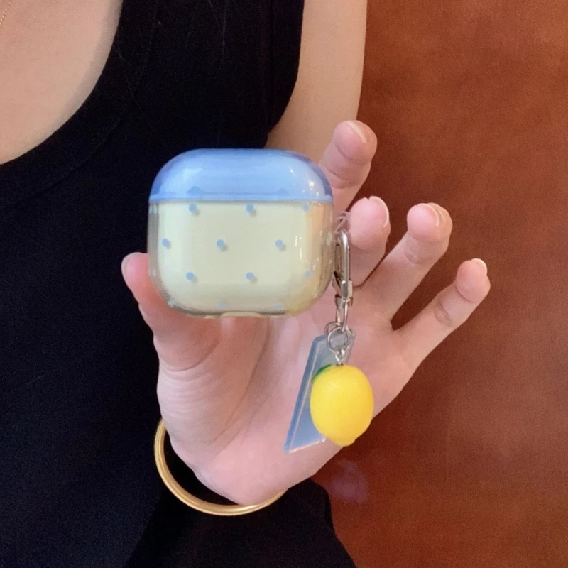 Simple Blue Yellow Color Circular Dots Earphone Case Cover For Airpods 1 or 2 3 4 Pro Pro2 Cover with Stereoscopic Lemon Pendant