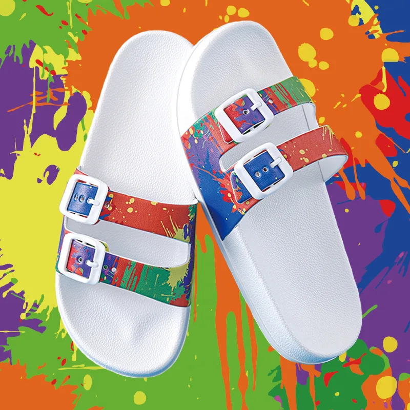 Sandálias criativas de botão duplo para estudantes, Desgaste de verão feminino, Anti Slip Soft Thick Sole Home Slippers, Roupa exterior, Moda